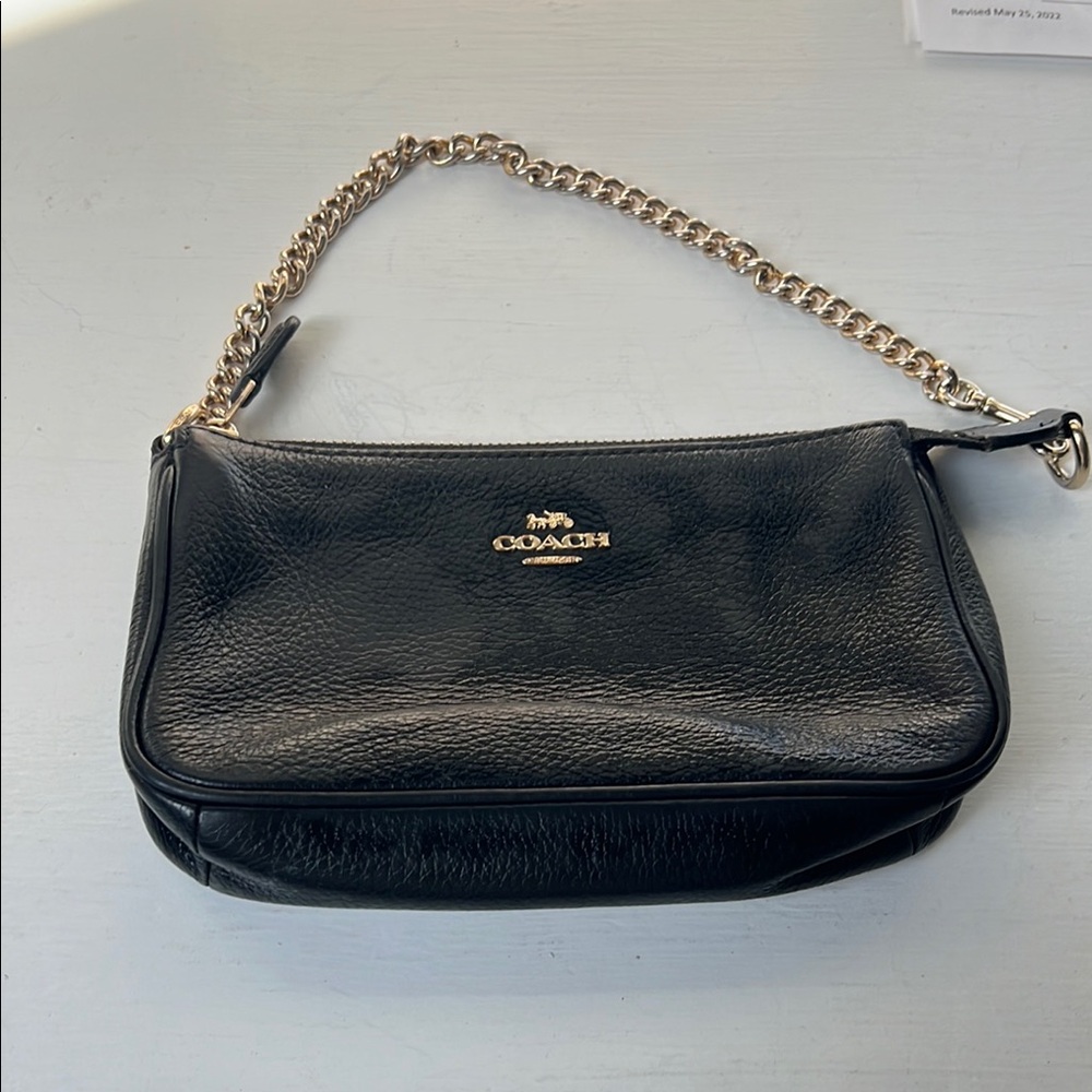 Coach Black and Gold Leather wristlet with Chain Details